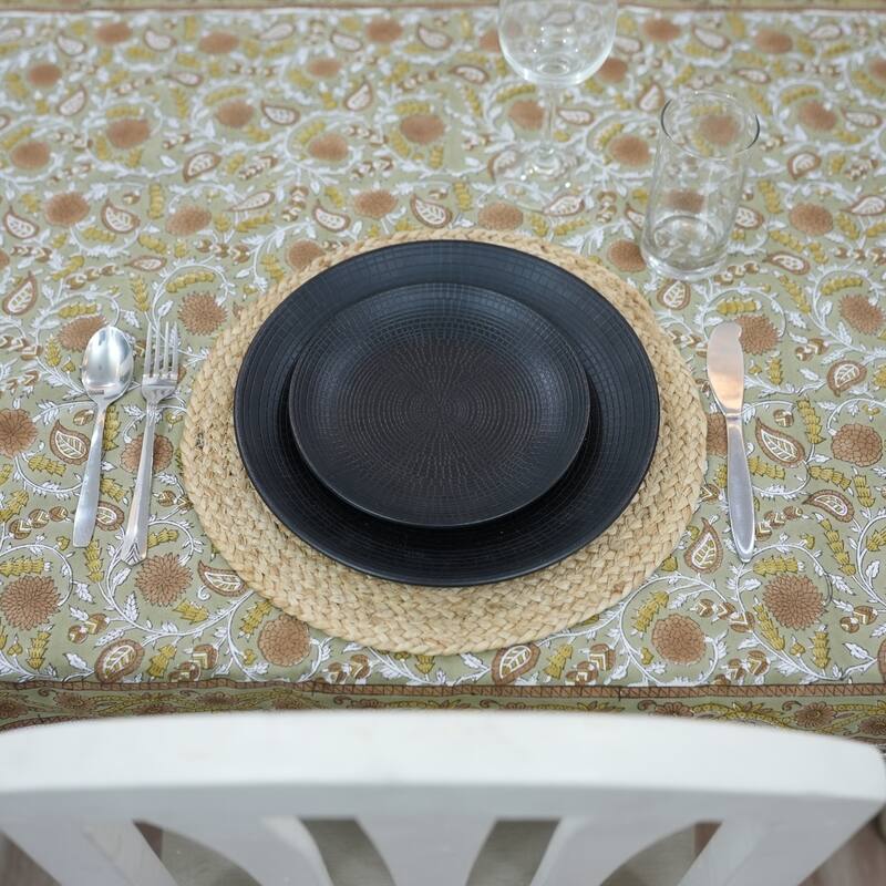 Fabdivine Handmade Block Print Cotton Brown Table Cover or Cloth Dining, Farmhouse & Kitchen Décor