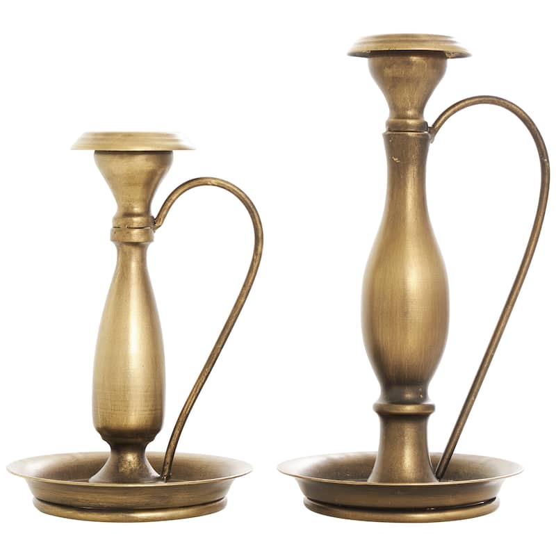 Metal Antique Style Candle Holder with Candle Plates and Handles - Set of 2 Bronze - Roche River Decor - 5"W x 5"L x 10"H