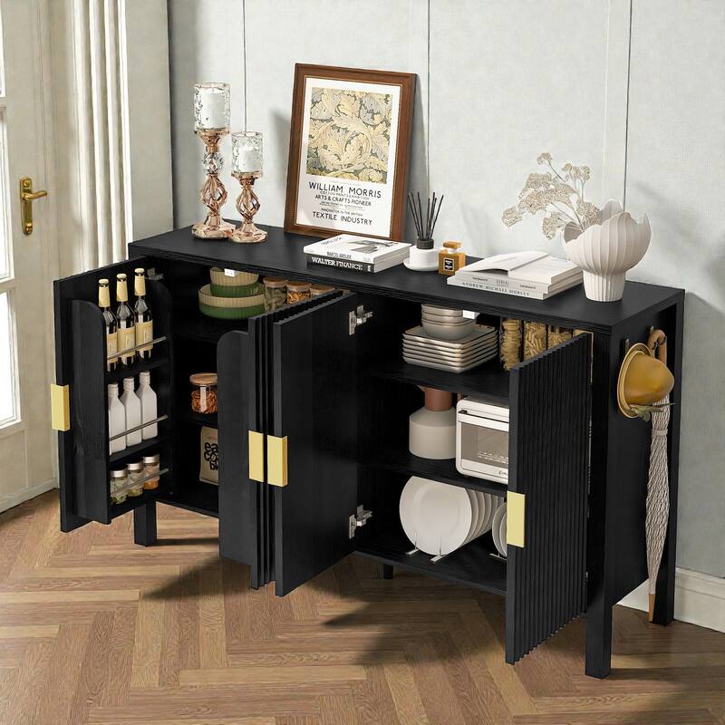 57.5" Modern Stripe Door Storage Cabinet with 4 Doors, Adjustable Shelves, Back-of-Door Racks & Side Hooks