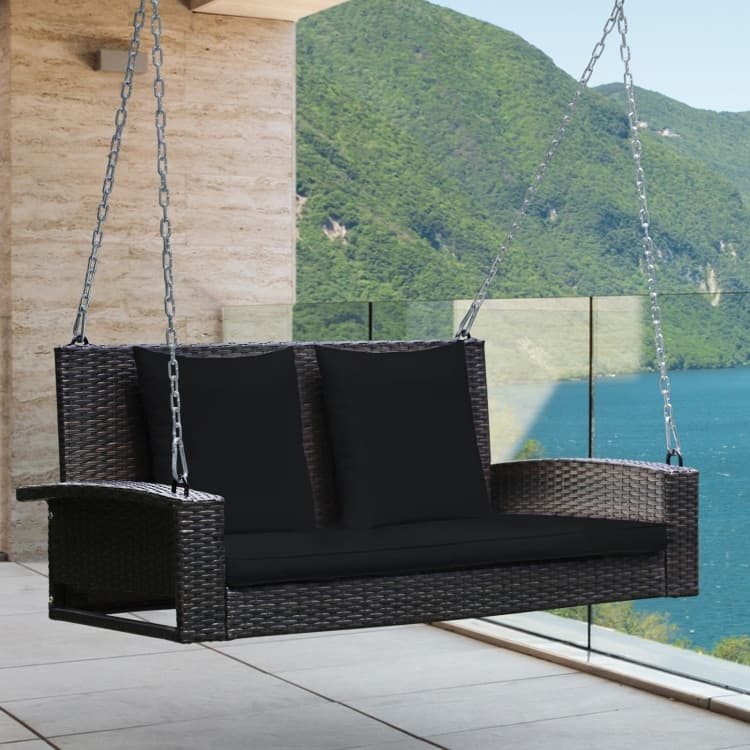 2-Person Wicker Hanging Porch Swing with 2 Back Cushions and 1 Seat Cushion - 50" x 22" x 20.5" (L x W x H)