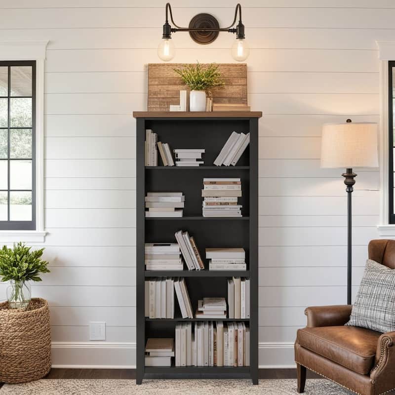 Bridgevine Home Modern Farmhouse 72 inch high 5-shelf Bookcase, No Assembly Required, Two-Tone Finish