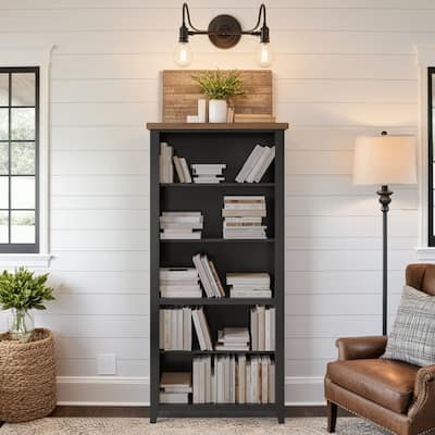 Bridgevine Home Modern Farmhouse 72 inch high 5-shelf Bookcase, No Assembly Required, Two-Tone Finish