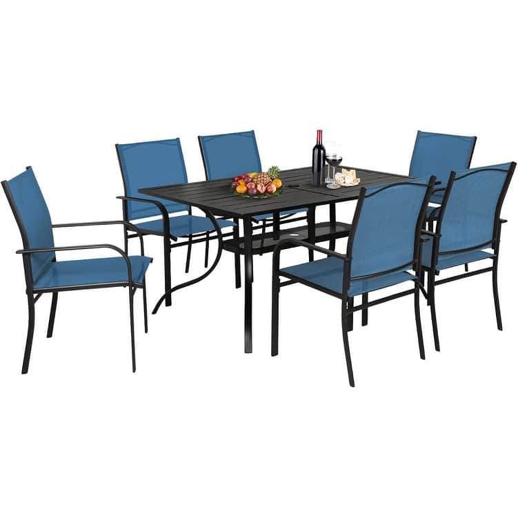 7 Piece Outdoor Patio Metal Dining Set of 6 Textilene Chairs and Rectangle Table with Umbrella Hole