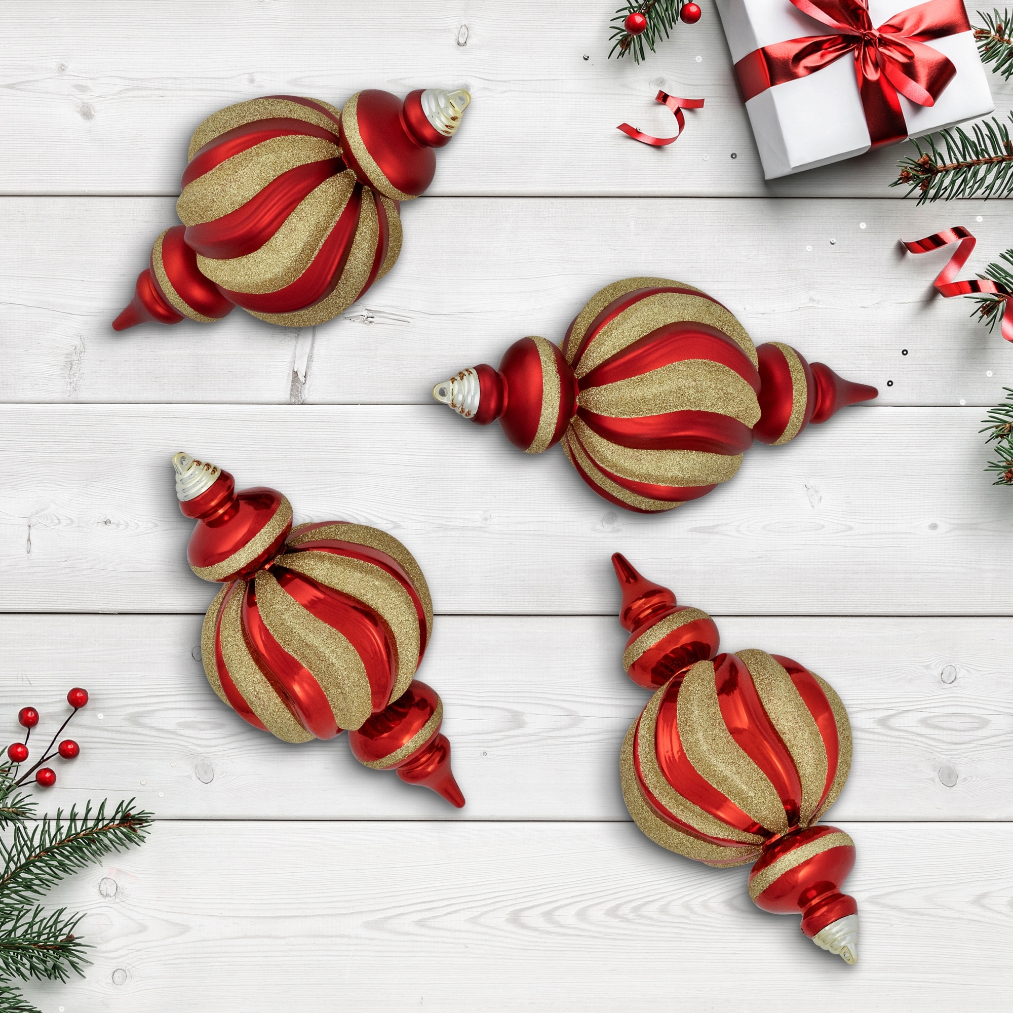 Shatterproof Size Finial Christmas Ornaments 10" Red Gold Set of 4