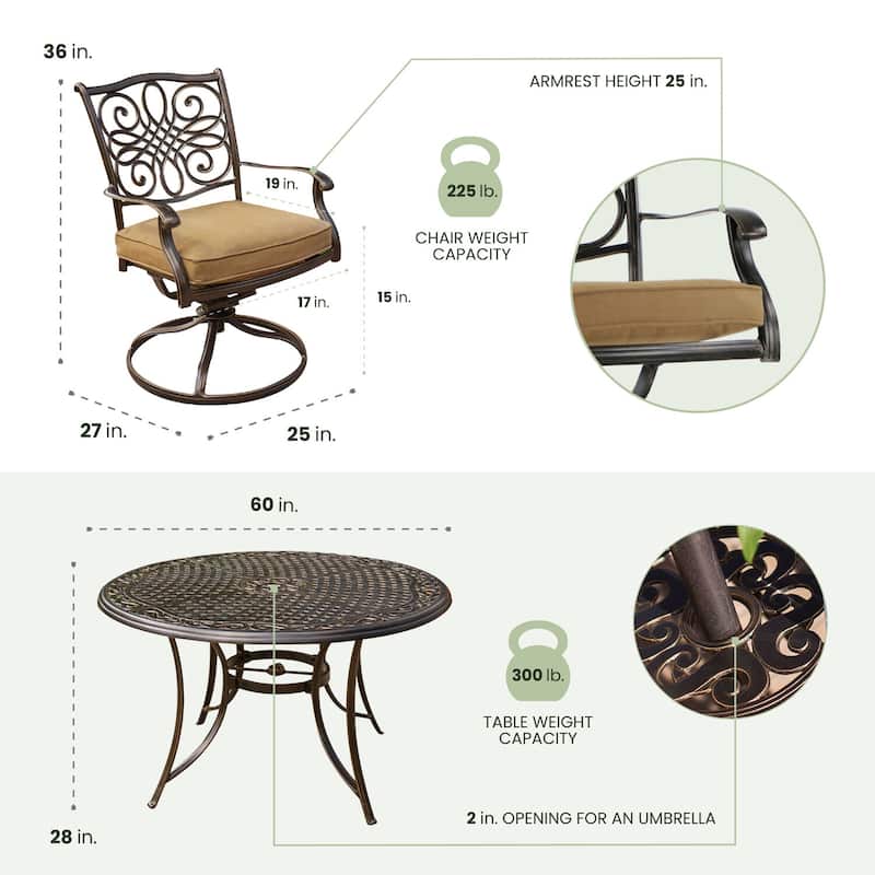 Hanover Traditions 7-Piece Dining Set in Tan with a 60 In. Round Cast-top Table and Six Swivel Rockers