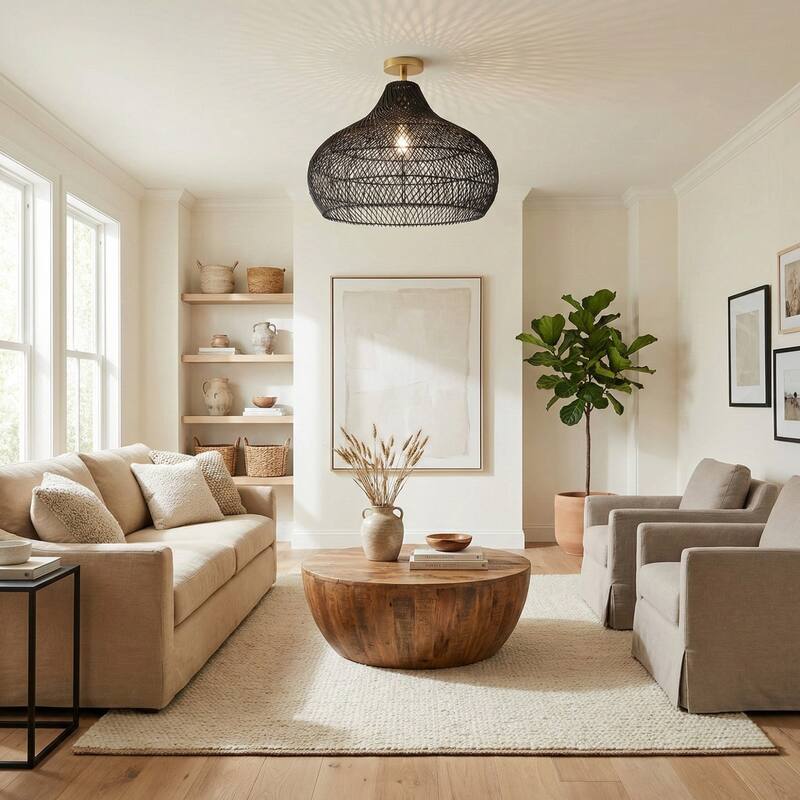 Latigo Rattan Flush Mount - Rattan Black 1-Light Handwoven Ceiling Light for Bedroom or Dining Room in Farmhouse, Country Style