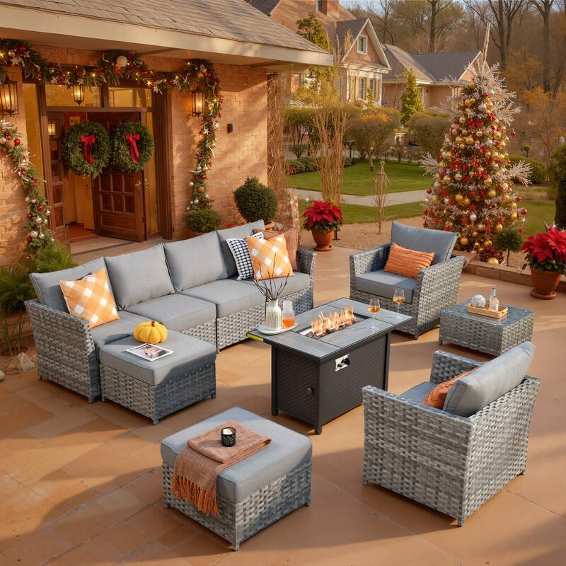 XIZZI 10-piece Patio Furniture Outdoor Sectional Sofa Set with Fire Pit - Dark Grey