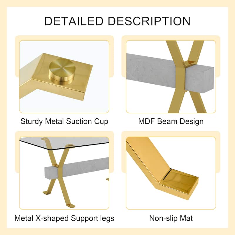 9-Piece Glass Dining Table Set for 8, 71" Rectangular Table with Gold Metal Base, 8 PU Dining Chairs for Kitchen, Dining Room