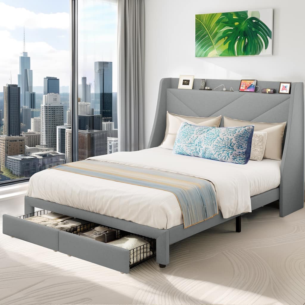 Queen Wingback Bed Frame with Drawer and USB Charging