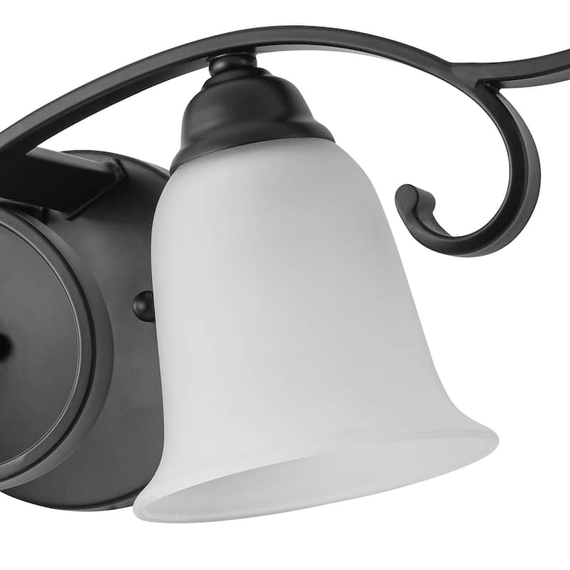 2-Light Black Scrollwork Metal Wall Sconce Frosted Bell Shade