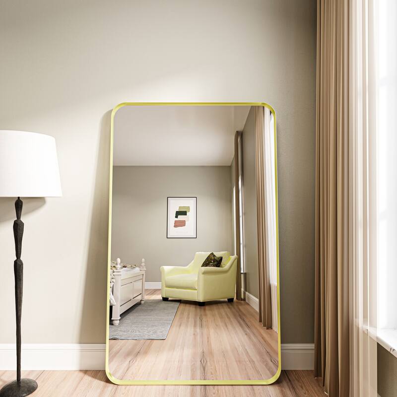 Organnice Rectangular Aluminum Framed Modern Rounded Wall Mount Mirror