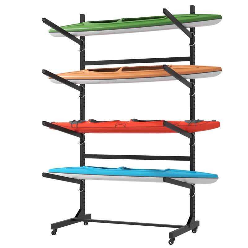 80''H Freestanding Kayak Storage Rack - Holds 4 Kayaks, Heavy-Duty Adjustable Stand with Lockable Wheels for Kayak, Canoe