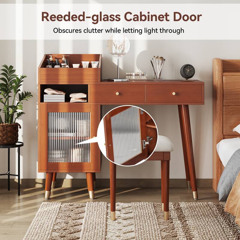 2-Piece Bedroom Set Includes Dressing Table & Upholstered Stool, Makeup Vanity Desk with Charging Station, Drawers & Cabinet - Walnut