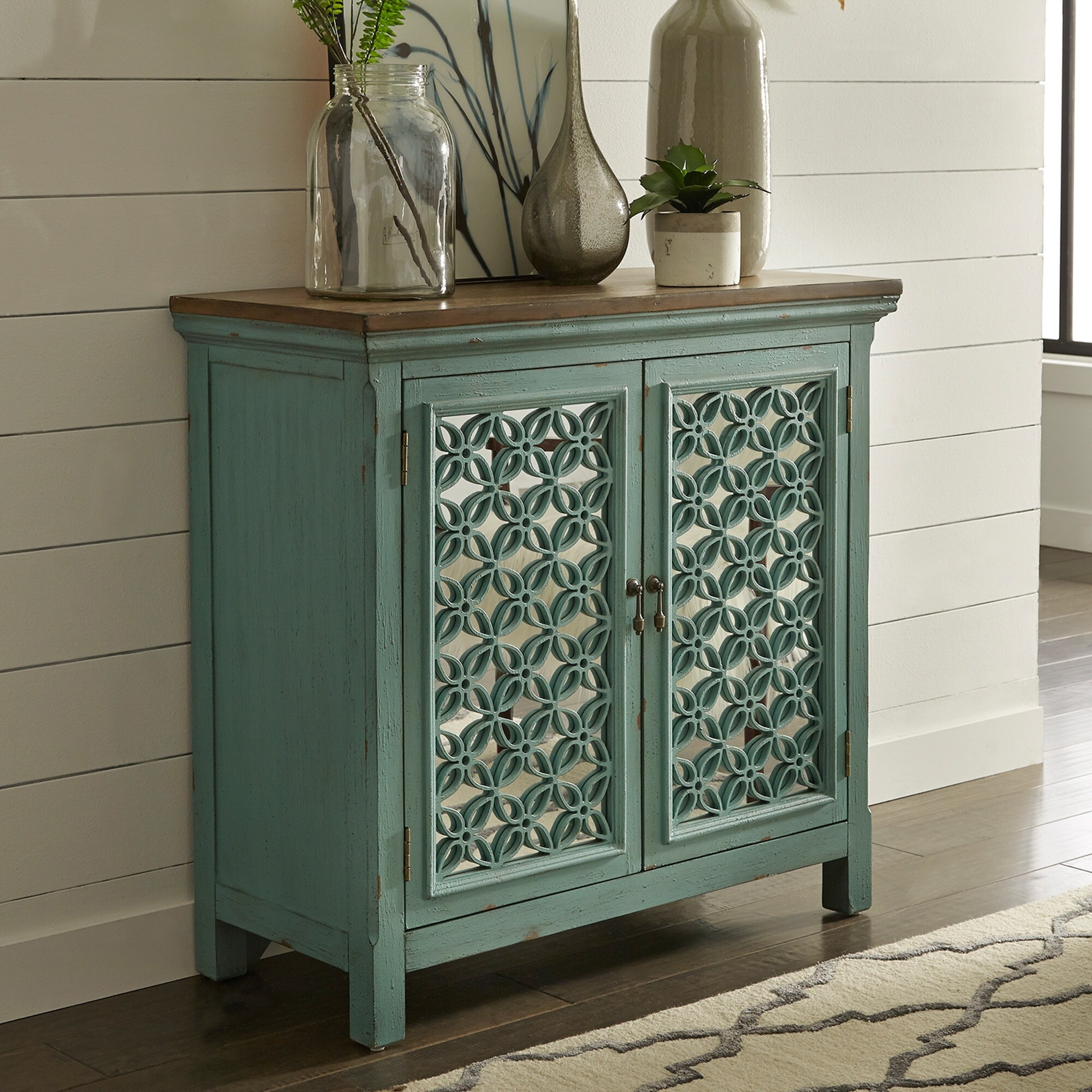Kensington Turquoise W Worn Wood Tone Top 2 Door Accent Cabinet