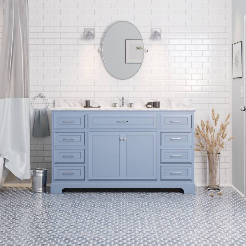 KitchenBathCollection Aria 60" Single Bathroom Vanity with Carrara Marble Top - Powder Blue
