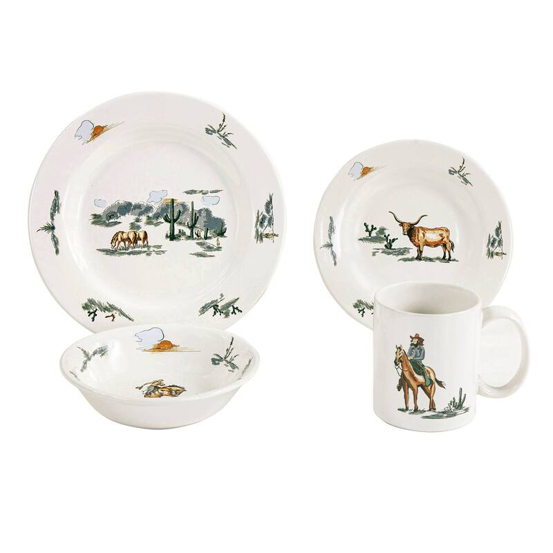 Paseo Road Ranch Life Western Cowboy Ceramic 16 Piece Dinnerware Set, Duffle Bag