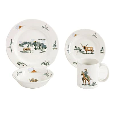Paseo Road Ranch Life Western Cowboy Ceramic 16 Piece Dinnerware Set, Duffle Bag