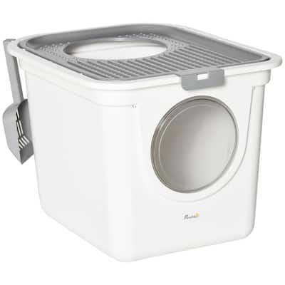 PawHut Cat Litter Box with Lid, Covered Kitty Litter Box with Front Entrance, Top Exit, Scoop, Easy Cleaning Cat Toilet, White