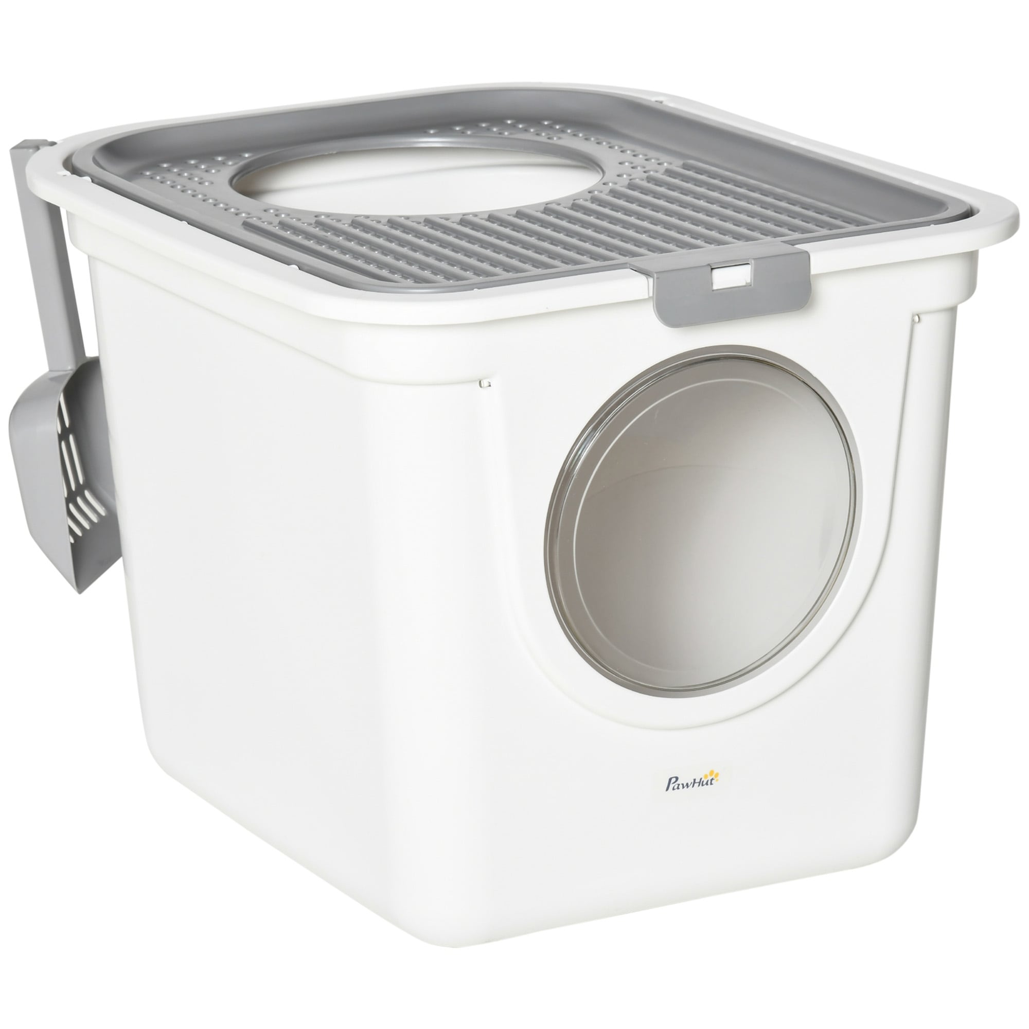 PawHut Cat Litter Box with Lid, Covered Kitty Litter Box with Front Entrance, Top Exit, Scoop, Easy Cleaning Cat Toilet, White