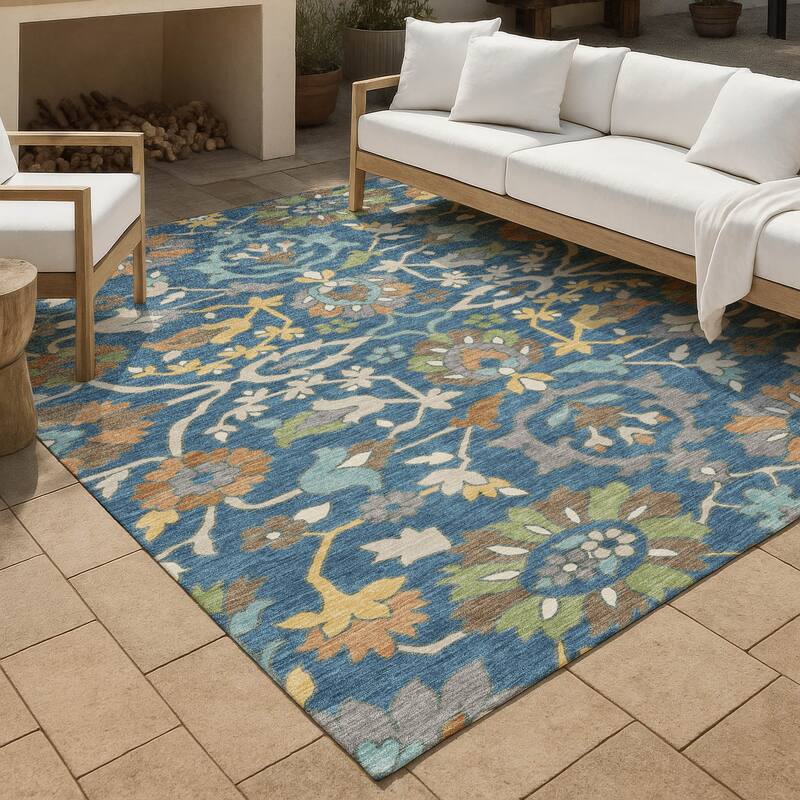 Machine Washable Indoor/ Outdoor Traditional Blanca Chantille Rug - Blue - 5' x 7'6"