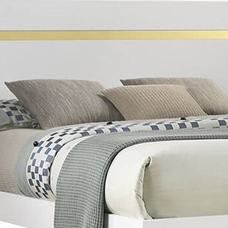 Yoki Queen Size Bed w Underbed LED, Acrylic Gold Trim, White Frame