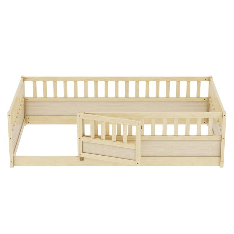 Floor Bed Pine Wood Bed Frame with Fence and Door Easy Assembly