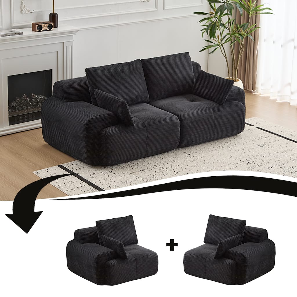 Modular Sectional 2-Seater Cloud Couch, Corduroy Upholstered Boneless Sofa, Compressed Sofa with Cushion & Throw Pillows