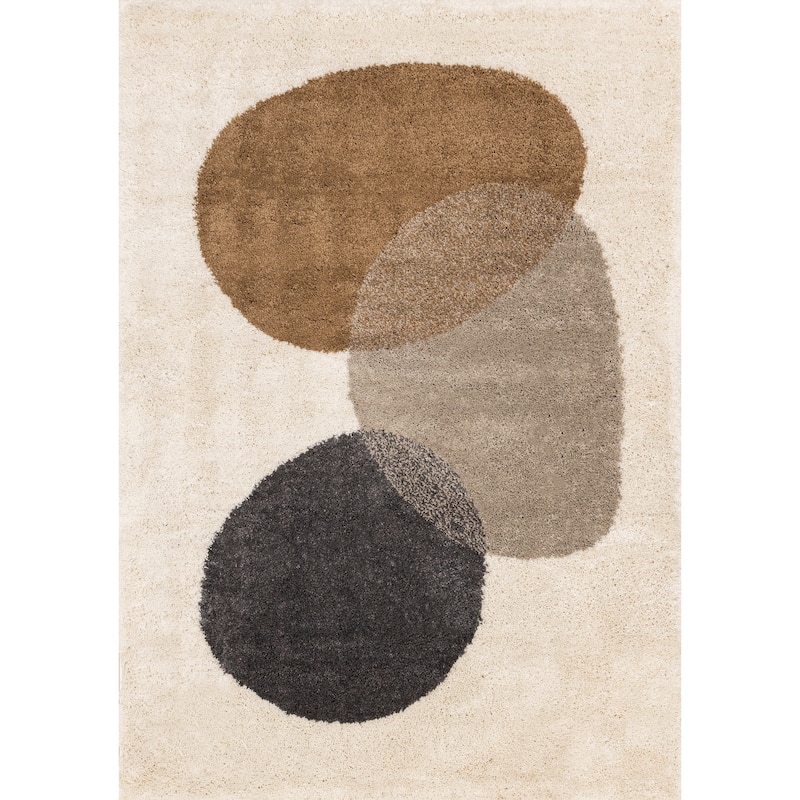 Cream Brown Grey Geometric Stones Soft Shag Area Rug, 5'3" x 7'7"
