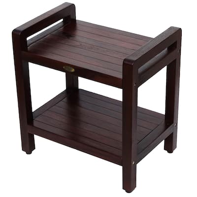 DecoTeak Eleganto 20" Solid Teak Shower Stool With LiftAide Arms And Shelf - WoodLand Brown Finish
