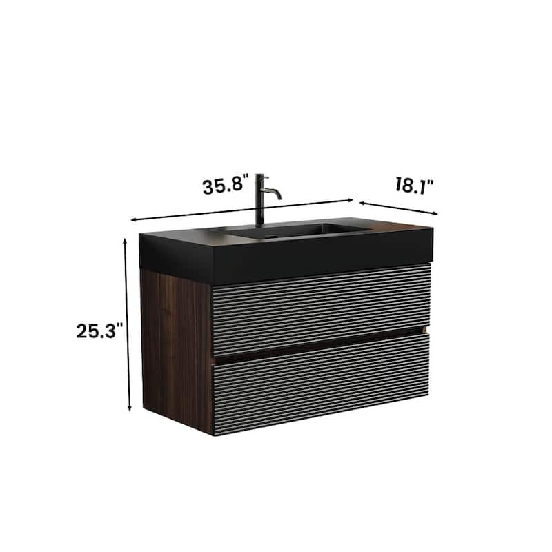 36" Walnut Bathroom Vanity with Engineered Quartz Sink and Soft Black Drawers