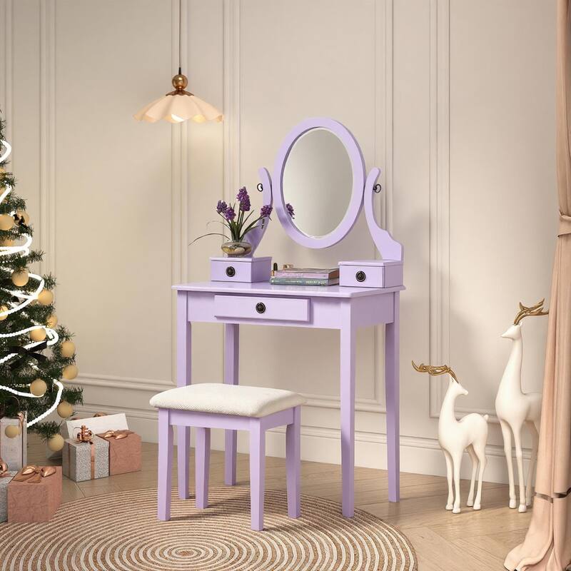 Bedroom Makeup Vanity Desk and Stool Set, Vanity Set Includes Dressing Table, Swivel Adjustable Oval Mirror and Stool