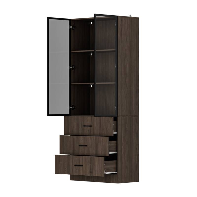 Bookshelves Bookcase Modular Glass Display Cabinet with LED Lights, Dark Wood Storage Combination Cabinet System