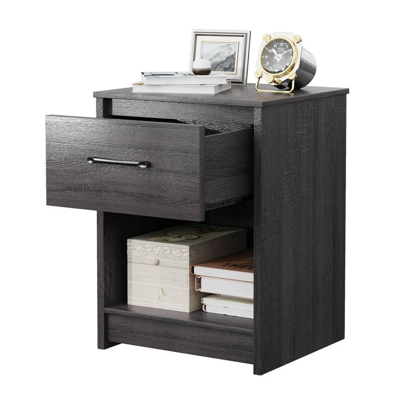 Gymax Nightstand with Drawer Storage Shelf Wooden End Side Table - Black