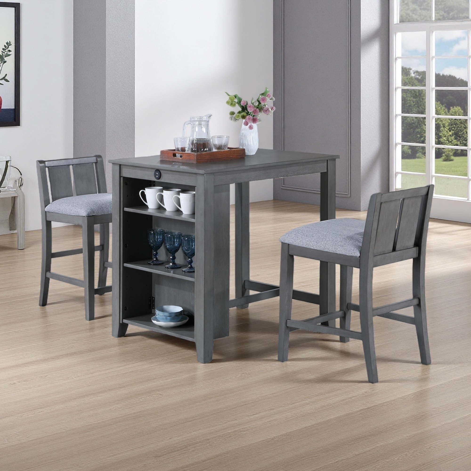 Set of 3 Counter Height 36"L Dining Table with Shelves, USB Charging Ports, 2 Chairs, Fabric Seats, Space-Saving Design