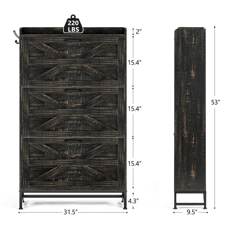 Anmytek Industrial Farmhouse 3 Drawer Shoe Cabinet with Adjustable Legs and Anti Tip Kit