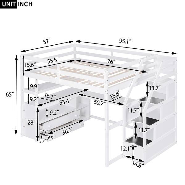 dimension image slide 0 of 2, Full Size Grey Loft Bed with Desk, Shelves, Storage Staircase, and Two Built-in Drawers for Maximized Space
