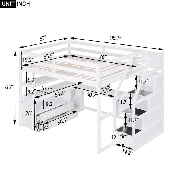 White Loft Bed with Desk and Shelves, Two Built-in Drawers, Storage Staircase