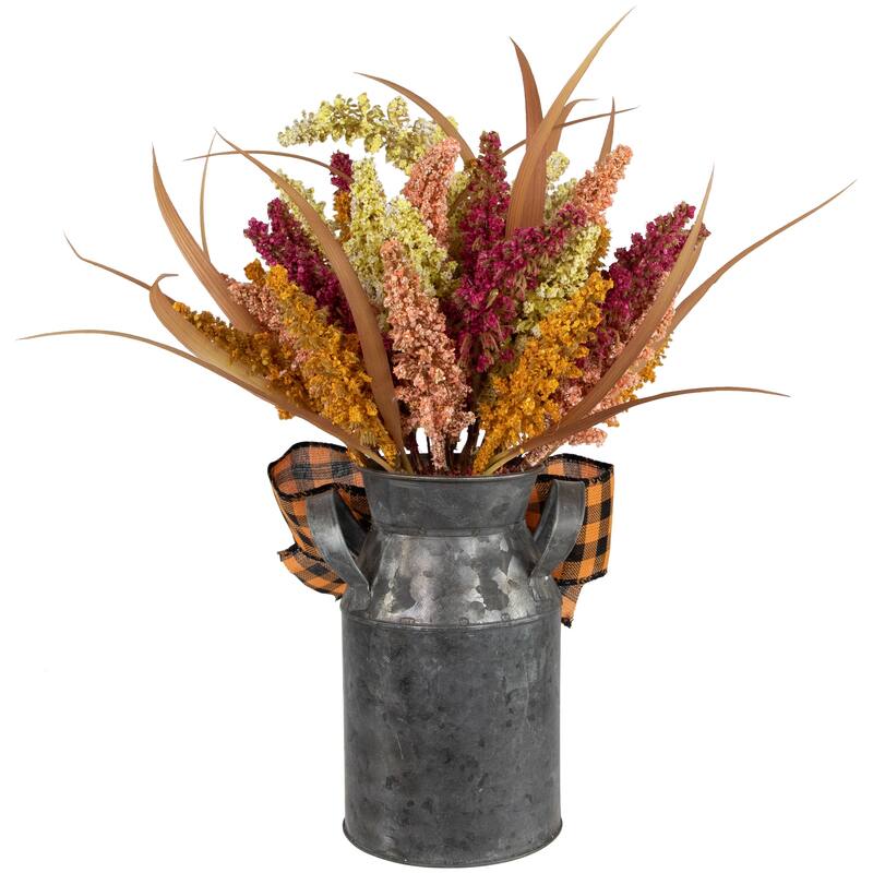 Autumn Harvest Foliage in Canister Floral Decoration with Checkered Bow - 18"