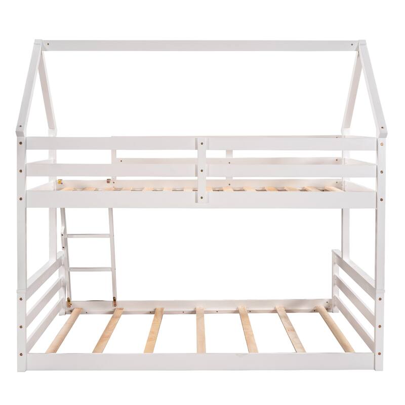 Roomfitters Twin Over Full House Bunk Bed with Built-In Ladder, Playhouse Roof