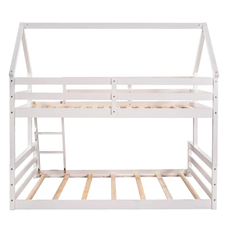 Twin Over Full House Bunk Bed with Ladder, Wooden Frame, Space-Saving Design