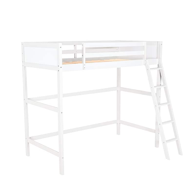 Modern Simple Style Twin Size Solid Pine Wood Loft Bed with Full Length Guardrail and Inclined Ladder
