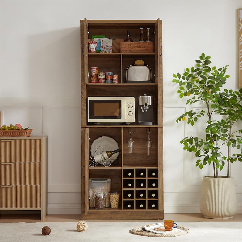 Kitchen Faux Rattan Wine Cabinet, Oak Bar Cabinet with Square Compartments and Shelves, Wooden Storage Cabinet with Barn Doors