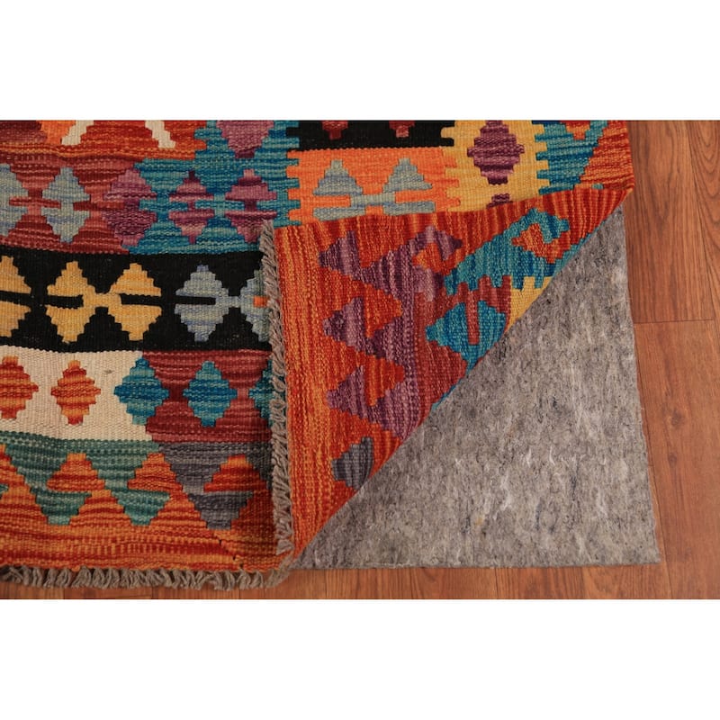 Orange Kilim Oriental Area Rug Hand-Woven Geometric Wool Carpet - 8'0"x 11'8"