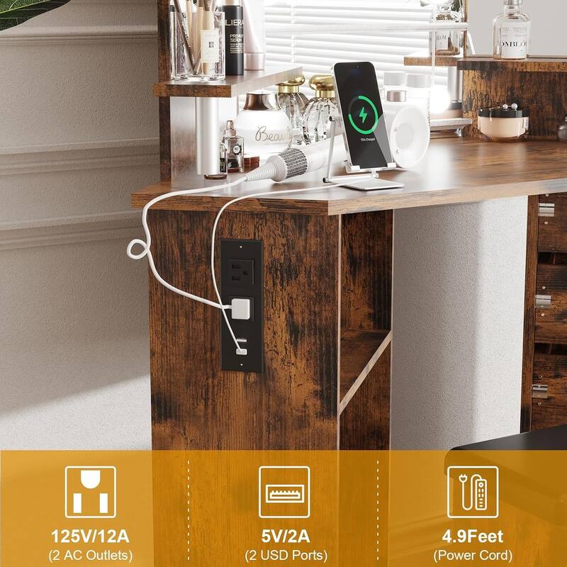 Makeup Vanity Desk with Lights & Power Outlet, Corner Vanity Table with 5 Rotating Drawers