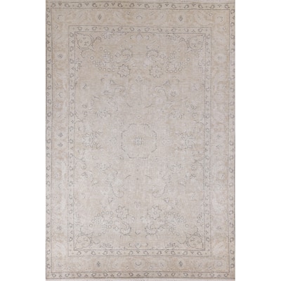 Distressed Tabriz Persian Rug Hand-Knotted Beige Vintage Wool Carpet - 6'6" x 9'8"