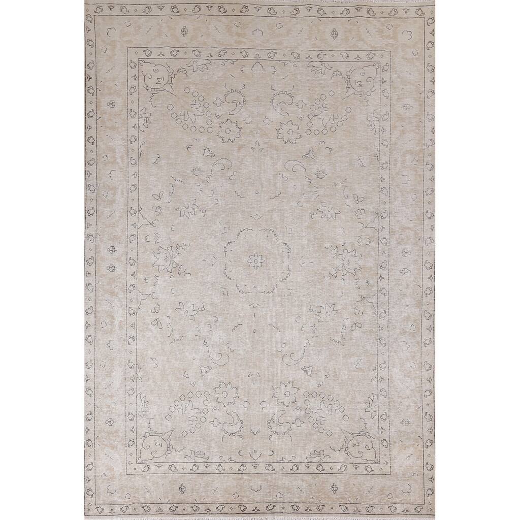 Distressed Tabriz Persian Rug Hand-Knotted Beige Vintage Wool Carpet - 6'6" x 9'8"