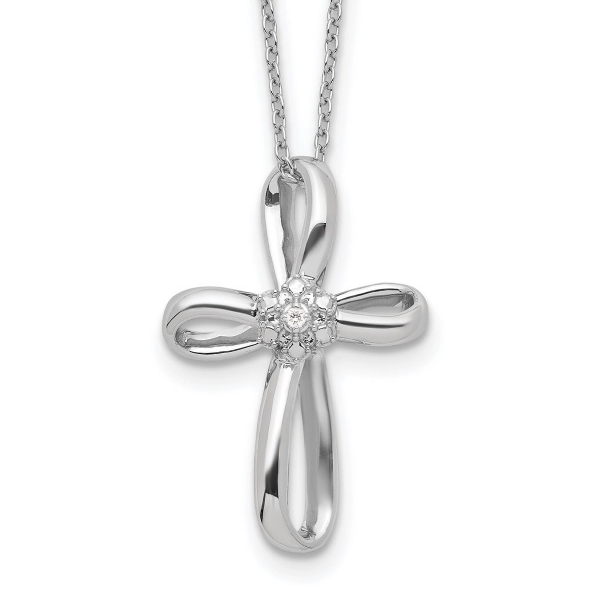 Curata Sterling Silver 18" Genuine Diamond Infinity Ribbon Cross Necklace - 17x35mm