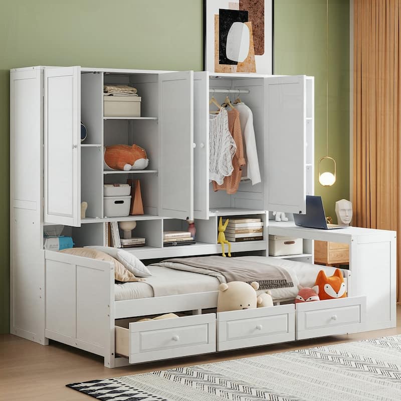 Wooden Daybed With Three Drawers and All-in-One Cabinet