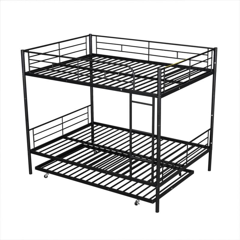 Metal Bunk Bed with Trundle and Guardrail, Convertible to Two Beds