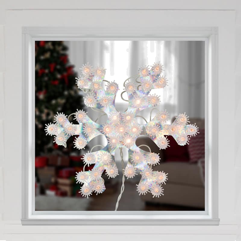 Lighted Holographic Snowflake Christmas Window Decoration - 12" - Clear Lights